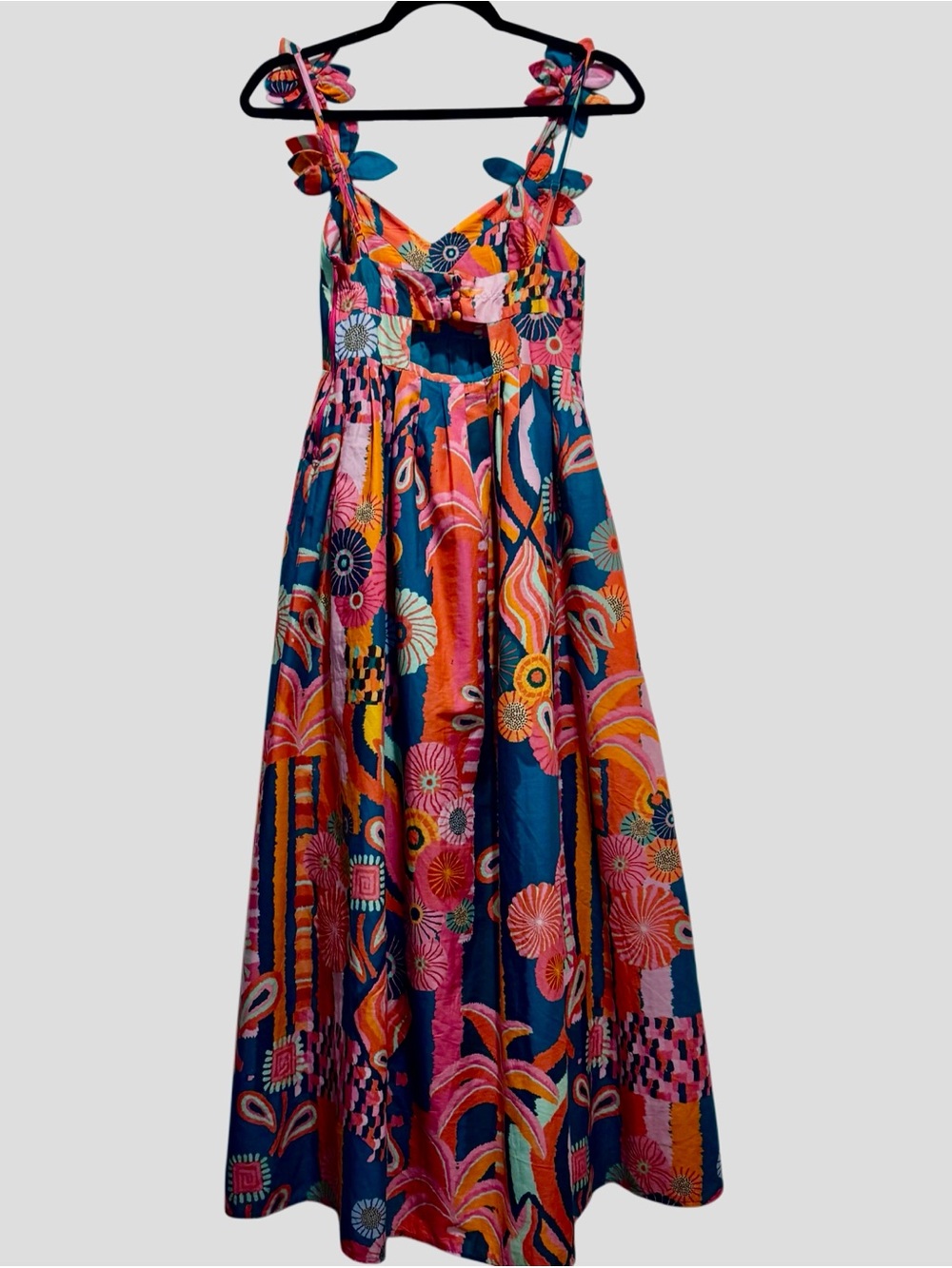 NWT Farm Rio Floral Appliqué Tropical Open Back Pleated Palm Midi Dress Size XS - Picture 8 of 10